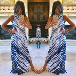 HYFVE Blue White Tie Dye Halter Maxi Keyhole Dress
